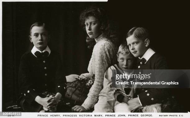 Royal children posed in a dramatic setting by a Rotary Photo postcard photographer, ca 1910. In the photo left to right are Prince Henry, Princess...