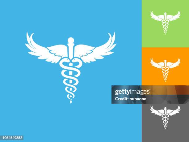 caduceus  flat icon on blue background - caduceus stock illustrations