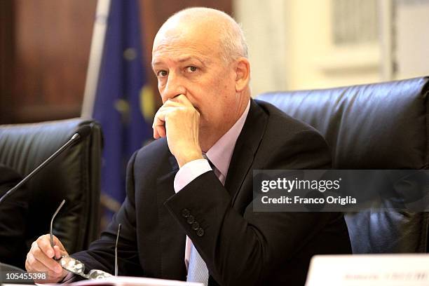 Italian minister of the culture Sandro Bondi attends the media preview visit to the Coliseum and its the hypogeum on October 14, 2010 in Rome, Italy....