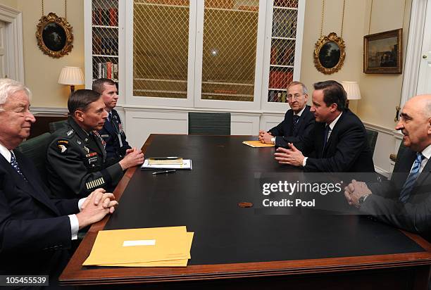 British Prime Minister David Cameron meets US General David Petraeus , NATO forces at 10 Downing Street on October 14, 2010 in London, England....