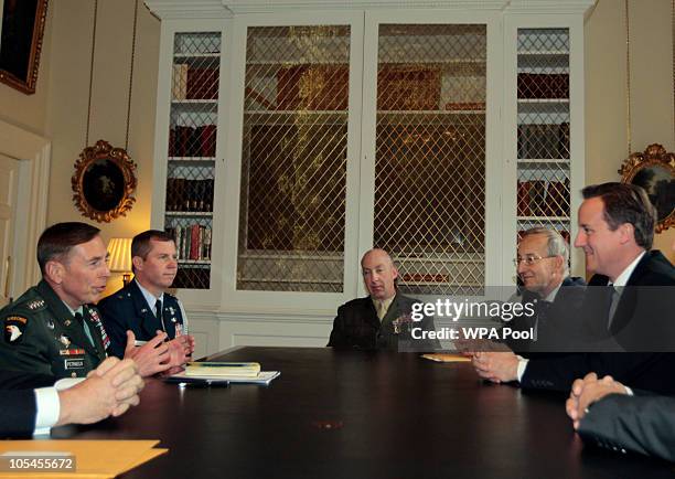 British Prime Minister David Cameron meets US General David Petraeus , NATO forces at 10 Downing Street on October 14, 2010 in London, England....