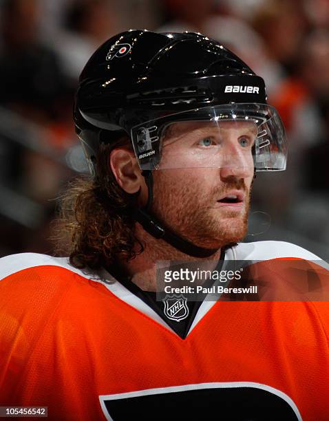 Scott Hartnell of the Philadelphia Flyers in a hockey game against the Colorado Avalanche at the Wells Fargo Center on October 11, 2010 in...