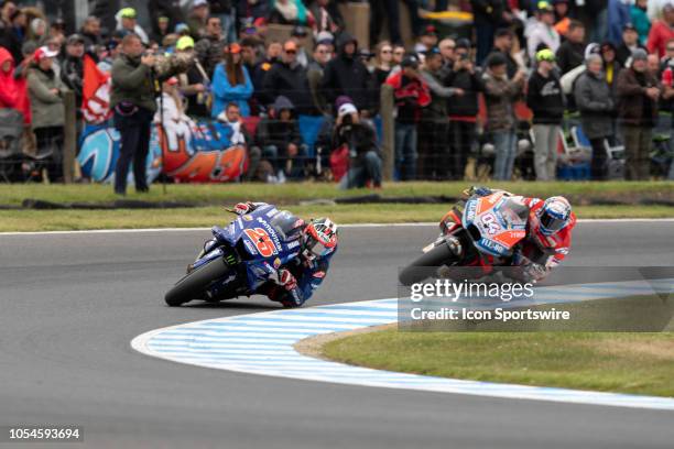 Movistar Yamaha MotoGP rider Maverick Vinales ahead of Ducati Team rider Andrea Dovizioso at The 2018 Australian MotoGP on October 28 at The Phillip...