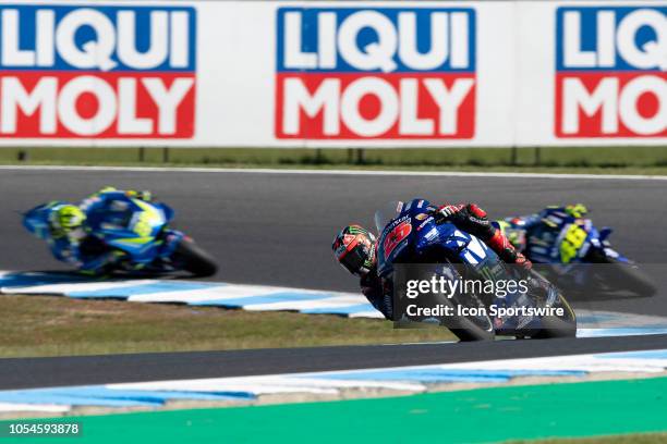 Movistar Yamaha MotoGP rider Maverick Vinales leads Movistar Yamaha MotoGP rider Valentino Rossi at The 2018 Australian MotoGP on October 28 at The...