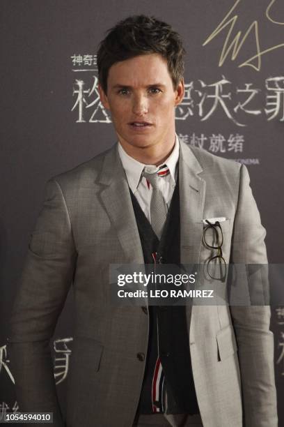 Actor Eddie Redmayne poses during a promotional event of the movie 'Fantastic Beasts: The Crimes of Grindelwald' in Beijing on October 28, 2018.
