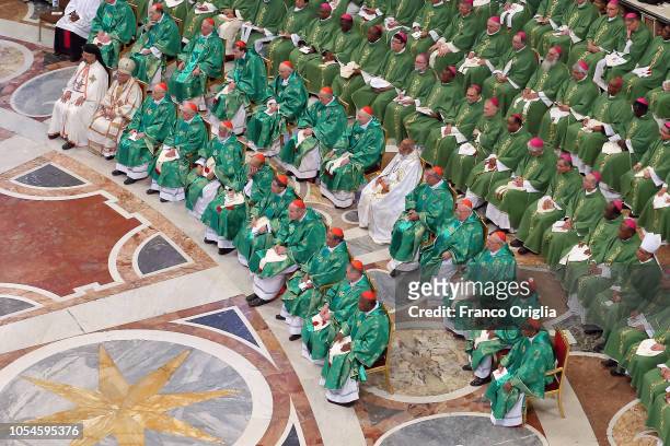 Cardinals and bishops attend the concluding Mass of the Synod on young people held by Pope Francis at St. Peter's Basilica on October 28, 2018 in...