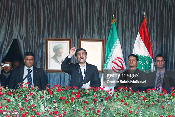 Iranian President Mahmoud Ahmadinejad addresses the crowd during his visit October 14, 2010 in the village of Bint Jbeil, Lebanon ,near the border...