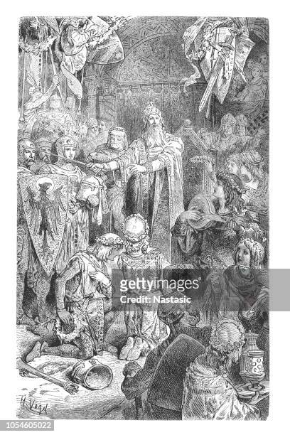 frederick i (1123-1190) known as frederick barbarossa holy roman emperor 1152-1190 at the national fete of mayence 1189 held in honor of his vow to join the third crusade - barbarossa and beyond stock illustrations