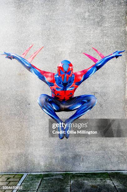 Cosplayer in character as Spider-Man 2099 seen during Day 3 of MCM London Comic Con 2018 at ExCel on October 28, 2018 in London, England.