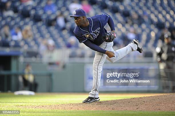 Rafael Soriano of the Tampa Bay Rays pitches against the Kansas City Royals at Kauffman Stadium on October 3, 2010 in Kansas City, Missouri. The Rays...