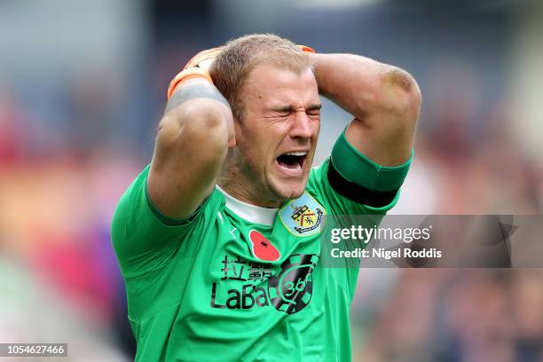 Joe Hart of Burnley reacts during the Premier League match between Burnley FC and Chelsea FC at Turf Moor on October 28, 2018 in Burnley, United...