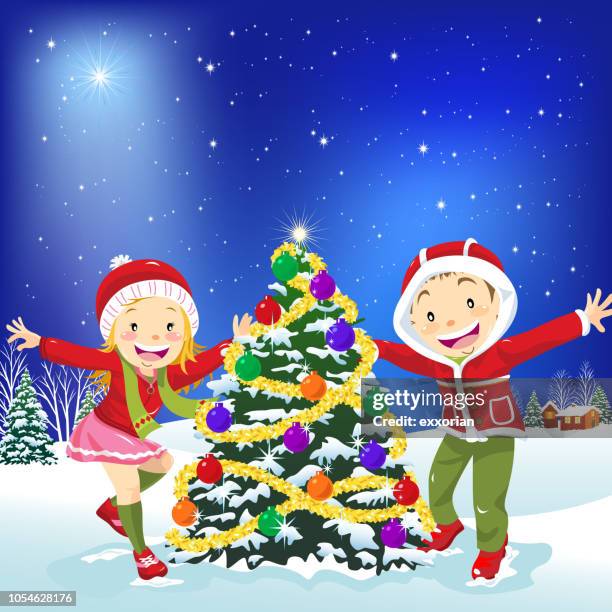 kids dancing around the christmas tree - friend mischief stock illustrations