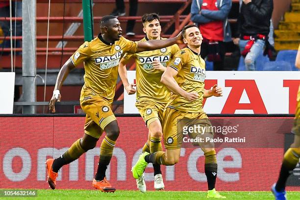 Kevin Lasagna of Udinese celebrates with his team-mates Nicholas Opoku and Ignacio Pussetto of Udinese after scoring a goal during the Serie A match...