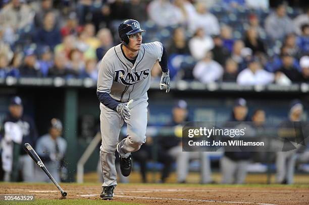 Brad Hawpe of the Tampa Bay Rays bats and runs to first base from the batter's box in the game against the Kansas City Royals at Kauffman Stadium on...