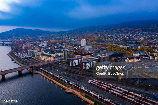 railway station in drammen city, norway - drammen stockfoto's en -beelden