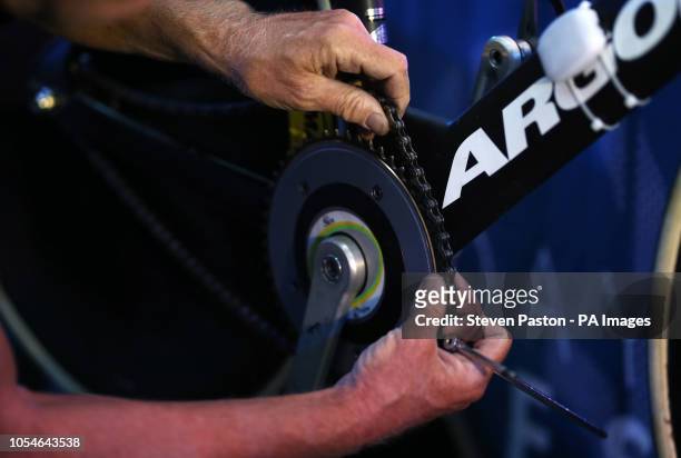 Mechanics repair bicycles during day six of the Six Day Series at Lee Valley Velopark, London