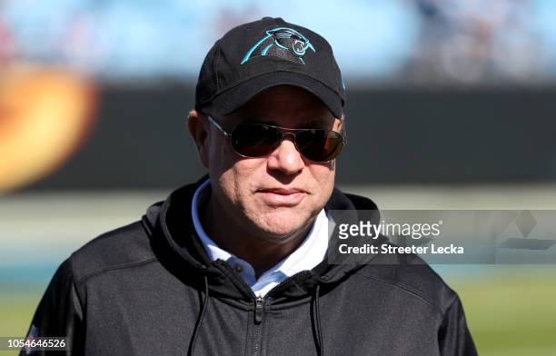 Carolina Panthers owner David Tepper walks the field during warm ups against the Baltimore Ravens at Bank of America Stadium on October 28, 2018 in...
