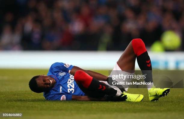 Umar Sadiq of Rangers grimaces whilst holding his ankle following a challenge during the Betfred Scottish League Cup Semi Final between Aberdeen and...