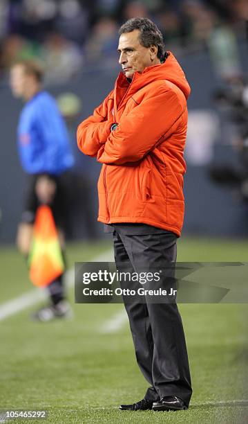 Head coach Jose Luis Real of Chivas de Guadalajara looks on during the game against the Seattle Sounders FC on October 12, 2010 at Qwest Field in...