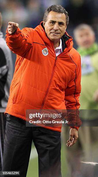 Head coach Jose Luis Real of Chivas de Guadalajara gestures during the game against the Seattle Sounders FC on October 12, 2010 at Qwest Field in...
