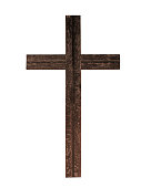 Old rustic wooden cross isolated on white background. Christian faith.