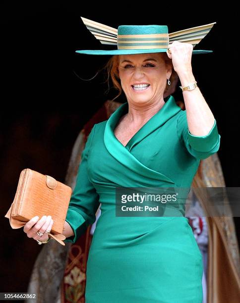 Sarah Ferguson, Duchess of York attends the wedding of Princess Eugenie of York and Jack Brooksbank at St George's Chapel on October 12, 2018 in...