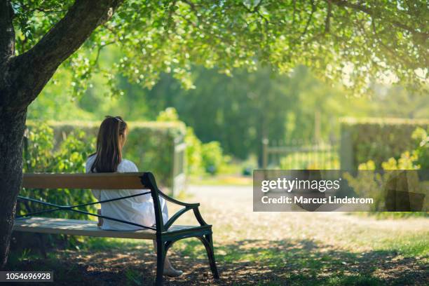 en kvinna som är avkopplande i en grönskande trädgård - bench park bildbanksfoton och bilder