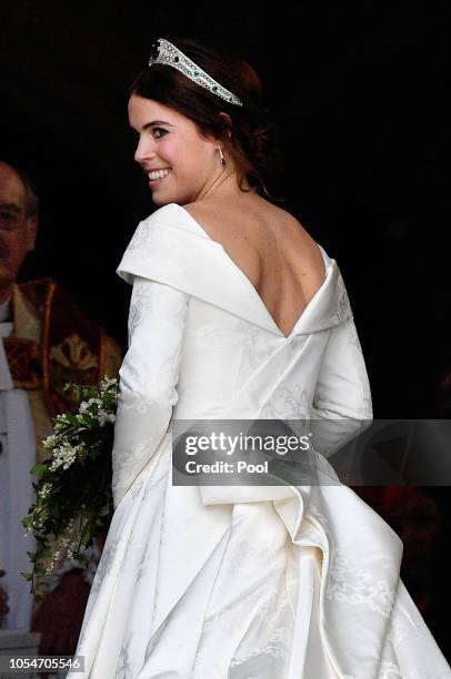 Princess Eugenie arrives at St George's Chapel ahead of her and Jack Brooksbank's wedding ceremony on October 12, 2018 in Windsor, England.