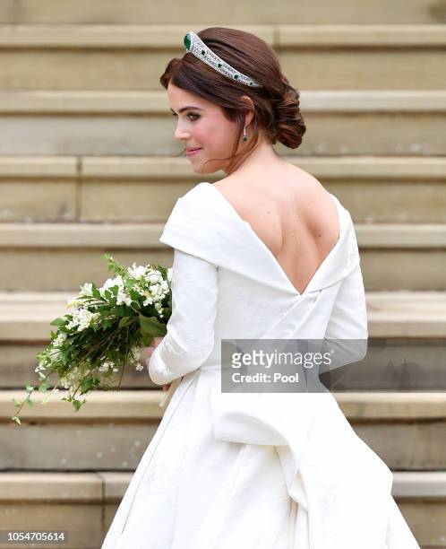 Princess Eugenie arrives at St George's Chapel ahead of her and Jack Brooksbank's wedding ceremony on October 12, 2018 in Windsor, England.