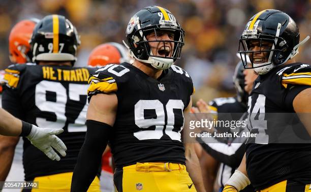 Watt of the Pittsburgh Steelers reacts after a sack of Baker Mayfield of the Cleveland Browns during the second half in the game at Heinz Field on...