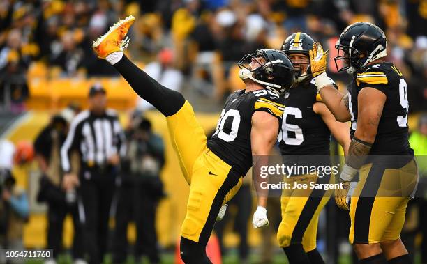 Watt of the Pittsburgh Steelers reacts after a sack of Baker Mayfield of the Cleveland Browns during the second half in the game at Heinz Field on...