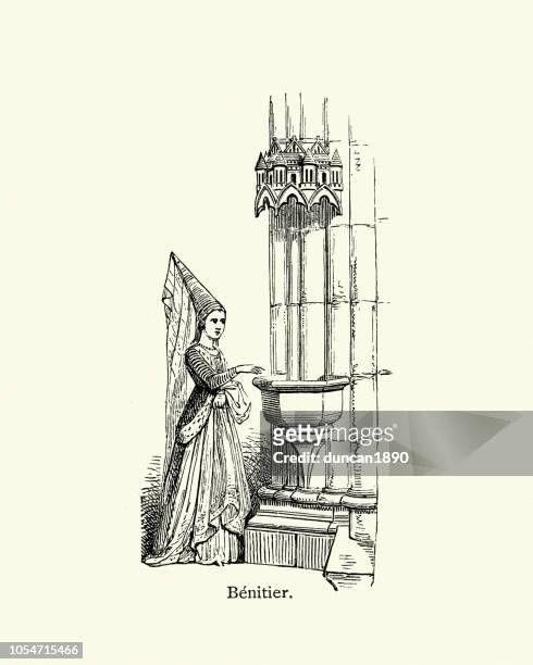 medieval architecture,, benitier, basin to hold holy water - baptismal font stock illustrations