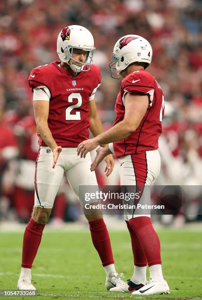 Kicker Phil Dawson reacts with punter Andy Lee of the Arizona Cardinals after kicking a second quarter field goal during the game against the San...