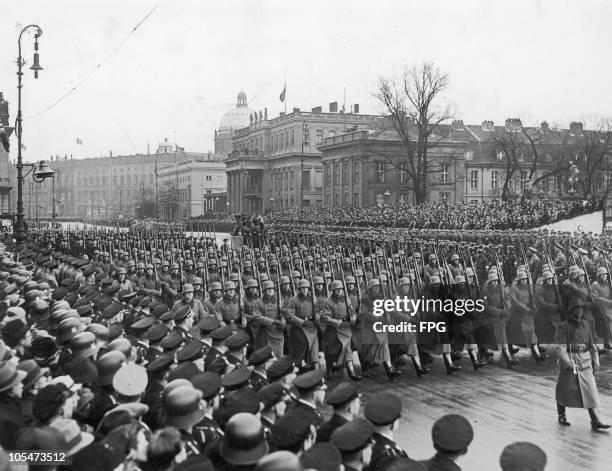 Remembrance Day military parade on Unter den Linden, Berlin, circa 1935. Nazi leader Adolf Hitler presided at the event.