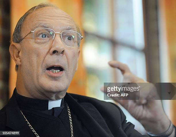 Archbishop Andre Joseph Leonard attends a press conference on October 15, 2010 in Brussels, following reactions after his declarations on people with...