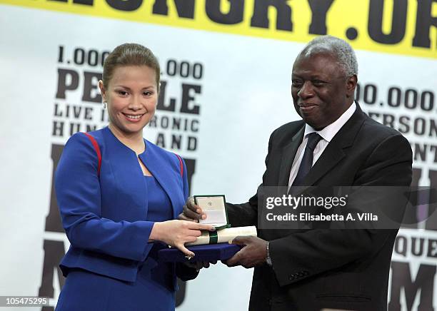 Director-General Jacques Diouf and Filippino singer Lea Salonga attend the World Food Day 2010 Cerimony at FAO headquarter on October 15, 2010 in...