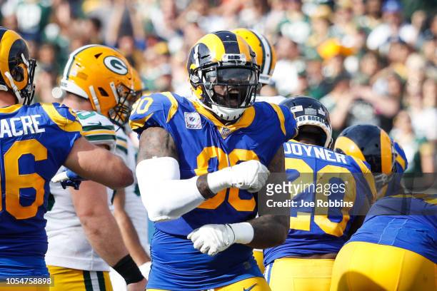 Defensive tackle Michael Brockers of the Los Angeles Rams reacts in the game against the Green Bay Packers at Los Angeles Memorial Coliseum on...