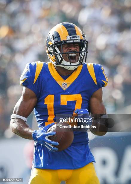 Wide receiver Robert Woods of the Los Angeles Rams reacts after his catch against the Green Bay Packers at Los Angeles Memorial Coliseum on October...