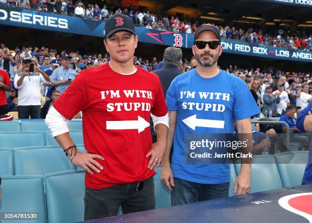 Matt Damon and Jimmy Kimmel attend The Los Angeles Dodgers Game - World Series - Boston Red Sox v Los Angeles Dodgers - Game Five at Dodger Stadium...