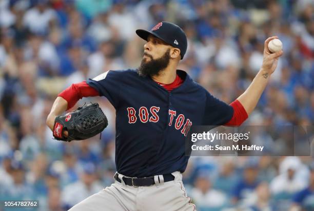 David Price of the Boston Red Sox delivers the pitch during the first inning against the Los Angeles Dodgers in Game Five of the 2018 World Series at...