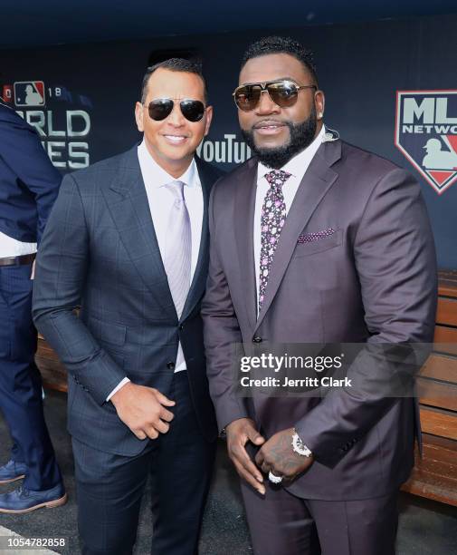 Former MLB Players Alex Rodriguez and David Ortiz attend The Los Angeles Dodgers Game - World Series - Boston Red Sox v Los Angeles Dodgers - Game...