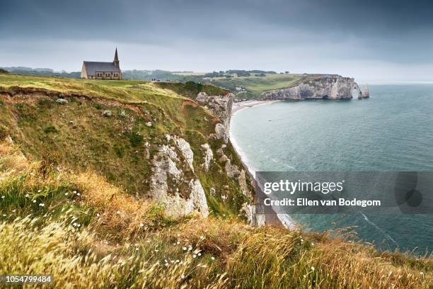 high angle view on beach and chalk cliffs of étretat - normandie stock-fotos und bilder