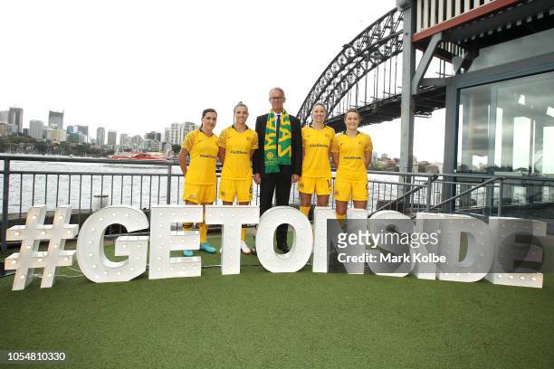 Football Federation Australia, Chief Executive Officer, David Gallop poses with Lisa De Vanna, Chloe Logarzo, Alanna Kennedy and Caitlin Foord of the...