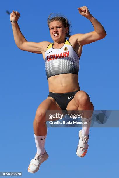 Leni Freyja Wildgrube of Germany celebrates her gold medal in Women's Pole Vault Stage 2 during day 8 of Buenos Aires 2018 Youth Olympic Games at...