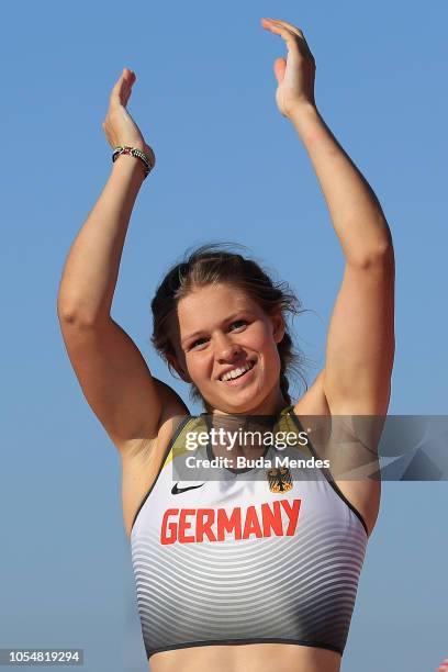 Leni Freyja Wildgrube of Germany celebrates her gold medal in Women's Pole Vault Stage 2 during day 8 of Buenos Aires 2018 Youth Olympic Games at...