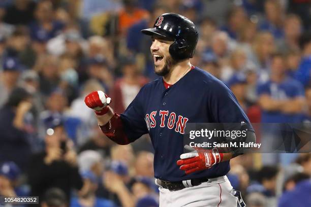 Steve Pearce of the Boston Red Sox celebrates his eighth inning home run against the Los Angeles Dodgers in Game Five of the 2018 World Series at...