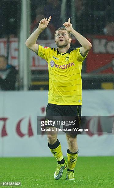 Kuba of Dortmund celebrates after scoring his teams first goal during the Bundesliga match between 1.FC Koeln and Borussia Dortmund at...