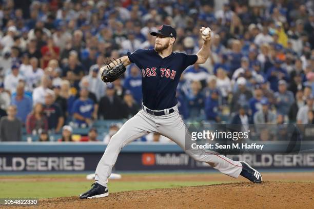 Chris Sale of the Boston Red Sox delivers the pitch during the ninth inning against the Los Angeles Dodgers in Game Five of the 2018 World Series at...
