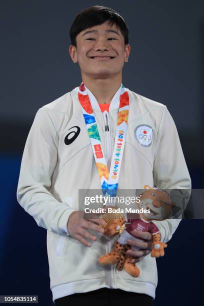 Gold medalist Takeru Kitazono smiles during the medal ceremony of Men's Rings on day 8 of Buenos Aires 2018 Youth Olympic Games at Youth Olympic Park...