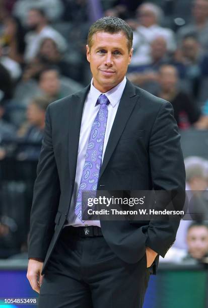 Head coach Dave Joerger of the Sacramento Kings looks on after calling a time out against the Utah Jazz during the first half of their NBA basketball...